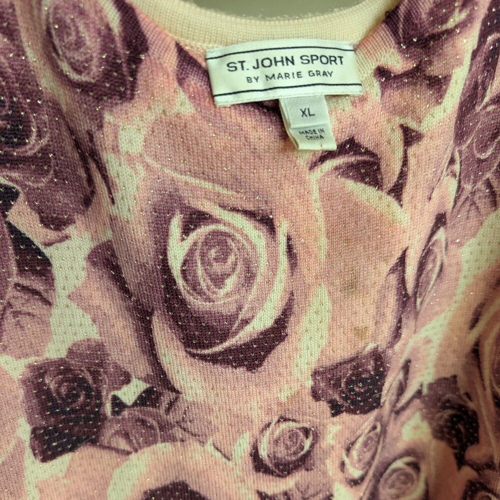 St John Sport Pink Roses Tank Top with sparkle threads Size XL  VINTAGE